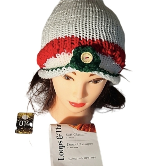 Hand Crafted Holiday Pom Pom Beanie Handmade white red and green floral detail - Picture 1 of 17